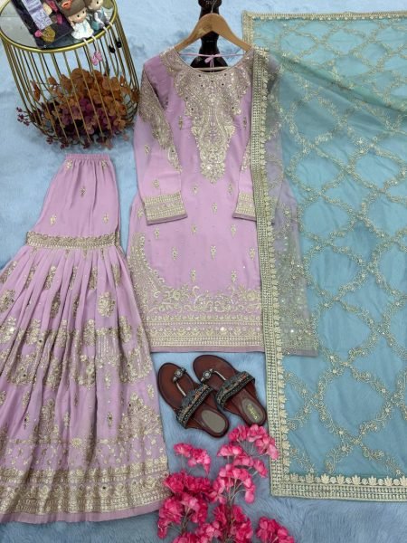 Blush Pink Heavy Georgette Palazzo Set with Mirror and Diamond Handwork Party Wear Collection 2025 Ready To Wear Collection
