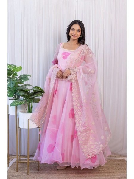 Blush Pink Organza Printed Gown With Dupatta Kurti With Dupatta Wholesale