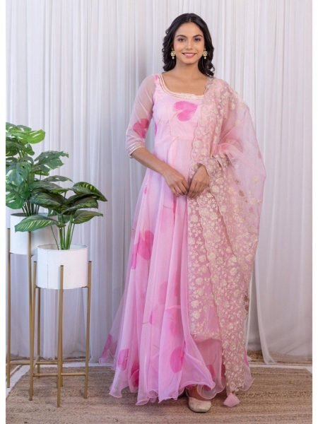 Blush Pink Organza Printed Gown With Dupatta Kurti With Dupatta Wholesale