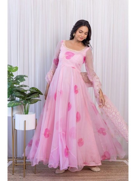 Blush Pink Organza Printed Gown With Dupatta Kurti With Dupatta Wholesale