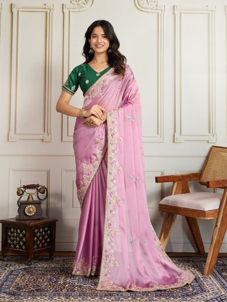 Blush Pink Rangoli Silk Saree with Embroidery and Designer Border Wedding Special Sarees 