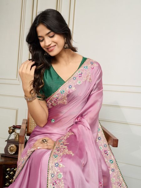 Blush Pink Rangoli Silk Saree with Embroidery and Designer Border Wedding Special Embroidery Sarees Wholesale