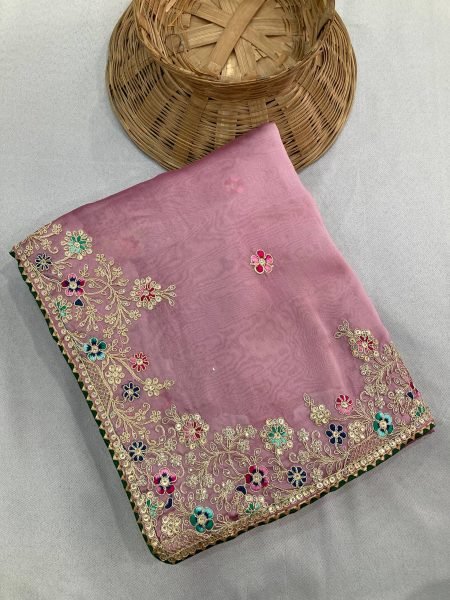 Blush Pink Rangoli Silk Saree with Embroidery and Designer Border Wedding Special Embroidery Sarees Wholesale