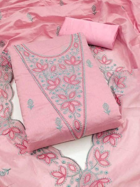 Blush Pink Unstitched Chanderi Suit with Fine Neck Embroidery & Dupatta Color Set Matching Dress Material Wholesale
