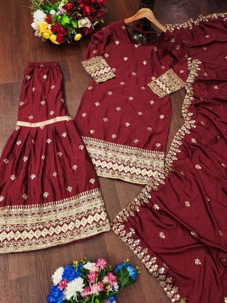 Bold and Beautiful  Red Chinon Sharara Suit with Mirror Work & Heavy Embroidery for Women Ready To Wear Collection