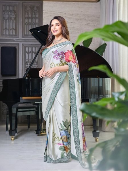 Bollywood Satin Madhuri Dixit Inspired Satin Silk Saree Cocktail Party Wear New Summer Collection 