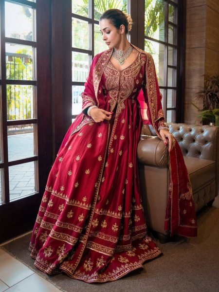 Bollywood Style Silk Embroidered 3m Flair Gown with Dupatta for Boutiques Buyers 