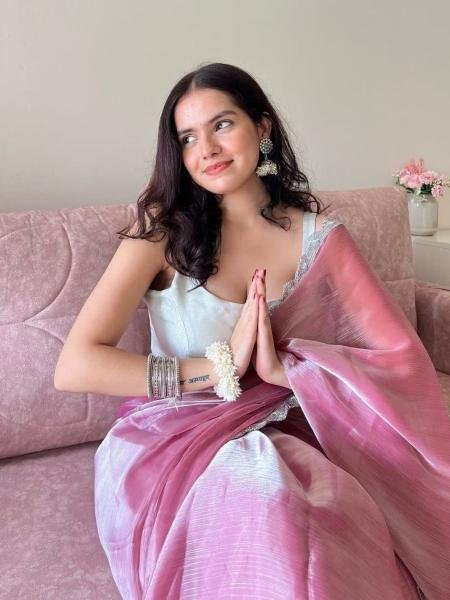 Bollywood Trending Jimee Chu Saree with Premium Silver Lace & Sequin Embroidery Blouse 