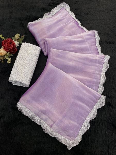 Bollywood Trending Jimee Chu Saree with Premium Silver Lace & Sequin Embroidery Blouse Bollywood Fancy Sarees Wholesale