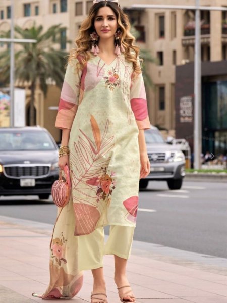 Borer Schiffli work on Linen Fabric  Pure Cotton Inner  kurti 3 set with Digital Print on TEBBY SILK  DUPATTA  with COTTON BOTTOM  Printed Kurtis