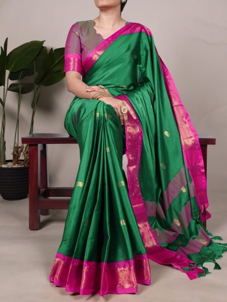 Bottle Green Cotton Silk Saree with Traditional Paithani Weaving  At Low Price Sarees 