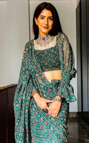 Bottle Green Pre Stitched Georgette Saree With Smocked Crop Top Ready To Wear Saree 