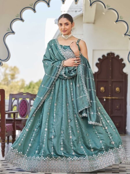 Bottle Green Silk Lehenga with Rich Embroidery & Dupatta Elegant Partywear Style 
