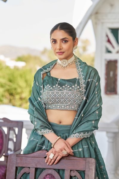 Bottle Green Silk Lehenga with Rich Embroidery & Dupatta Elegant Partywear Style Designer Lehenga Choli