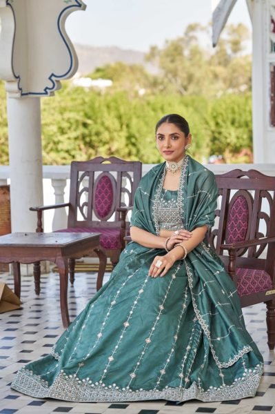 Bottle Green Silk Lehenga with Rich Embroidery & Dupatta Elegant Partywear Style Designer Lehenga Choli