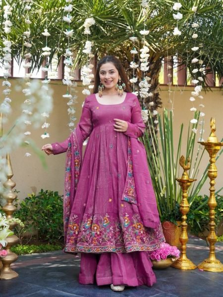 Breezy Pink  gown set with Embroidery Sequence Work fully flared Sharara with Dupatta at Night Party Wear  Embroidery Kurtis 