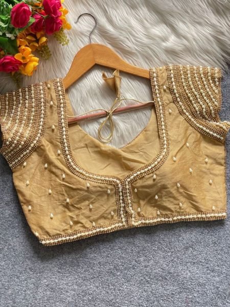 Bridal Golden Pearl Moti Silk Blouse with Handcrafted Detailing Royal Reception Look Blouse Collection