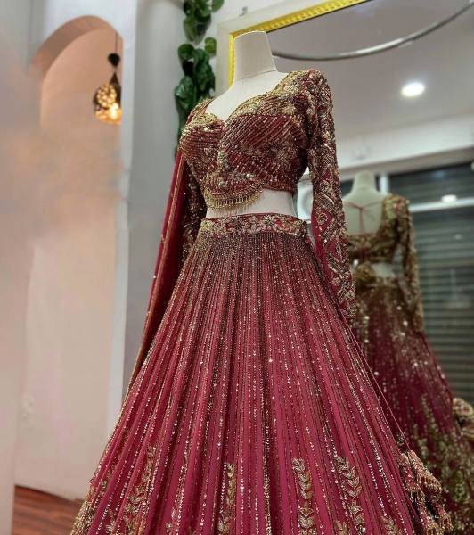 Bridal Lehenga in Chinon Silk with Heavy Sequins Embroidery and 4 Meter Flare     Semi Stitched Wedding Lehenga Set Designer Lehenga Choli