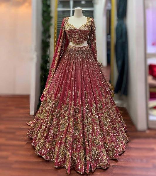 Bridal Lehenga in Chinon Silk with Heavy Sequins Embroidery and 4 Meter Flare     Semi Stitched Wedding Lehenga Set Designer Lehenga Choli