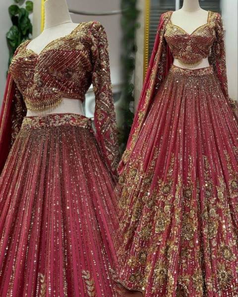 Bridal Lehenga in Chinon Silk with Heavy Sequins Embroidery and 4 Meter Flare     Semi Stitched Wedding Lehenga Set Designer Lehenga Choli