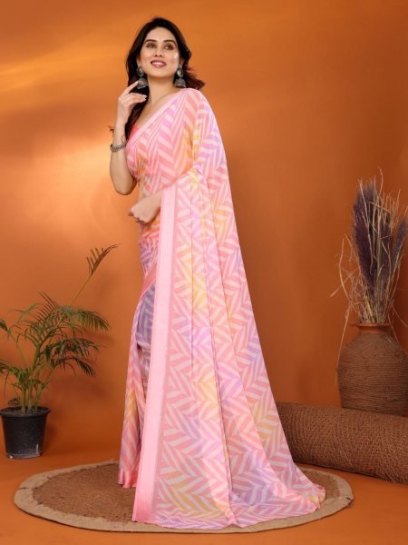Bright Pink Satin Printed Saree Woven Design with Zari Border   Matching Blouse Lightweight   Elegant Look at Low Wholesale Price Printed Cotton Sarees Wholesale