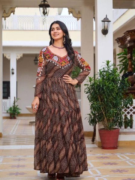 Brown Bandhani Gown with Codi Lace Perfect Festive Flair for Garba Evenings