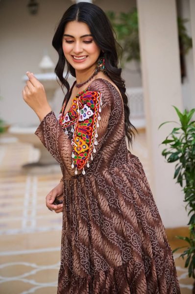 Brown Bandhani Gown with Codi Lace Perfect Festive Flair for Garba Evenings Navratri Collection