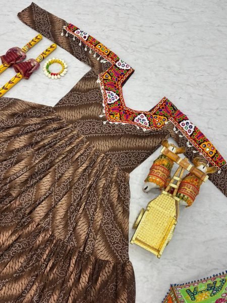 Brown Bandhani Gown with Codi Lace Perfect Festive Flair for Garba Evenings Navratri Collection