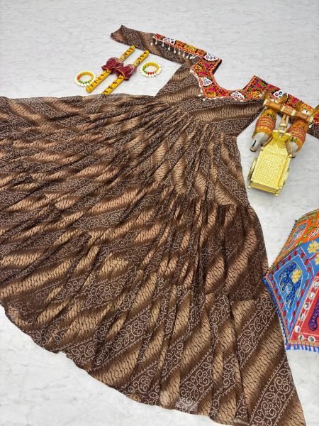 Brown Bandhani Gown with Codi Lace Perfect Festive Flair for Garba Evenings Navratri Collection