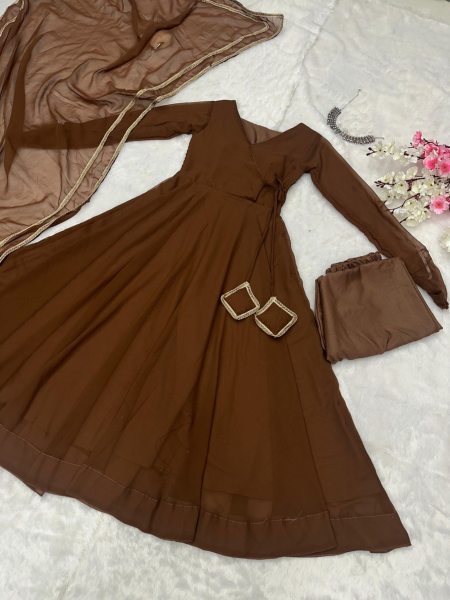 Brown Color Georgette Anarkali Suit With Pant And Dupatta Anarkali Kurtis 