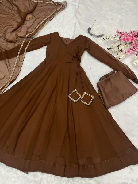 Brown Color Georgette Anarkali Suit With Pant And Dupatta Anarkali Kurtis 