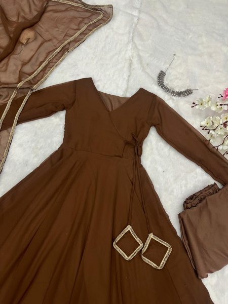 Brown Color Georgette Anarkali Suit With Pant And Dupatta Anarkali Kurtis 