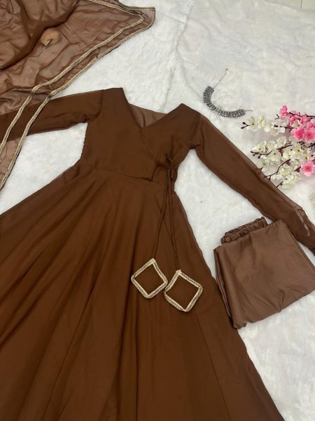 Brown Color Georgette Anarkali Suit With Pant And Dupatta Anarkali Kurtis 