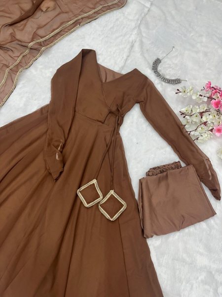 Brown Color Georgette Anarkali Suit With Pant And Dupatta Anarkali Kurtis 