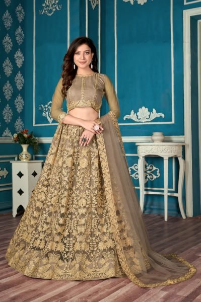 Brown Embroidered Net Lehenga Choli With Dupatta Designer Lehenga Choli