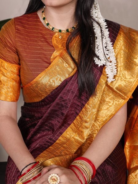 Brown Poly Cotton Chex Saree with Mustard Zari Border Export Quality South Indian Saree 