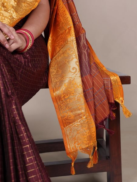 Brown Poly Cotton Chex Saree with Mustard Zari Border Export Quality South Indian Saree 