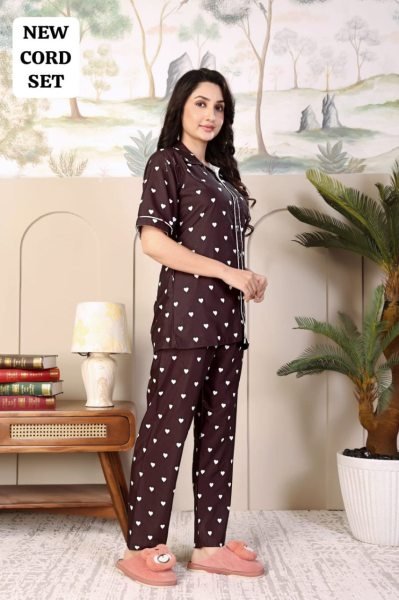 Brown Rayon Printed Nightwear Cord Set Trendy Top and Pant for Casual Wear Night Suit Wholesale