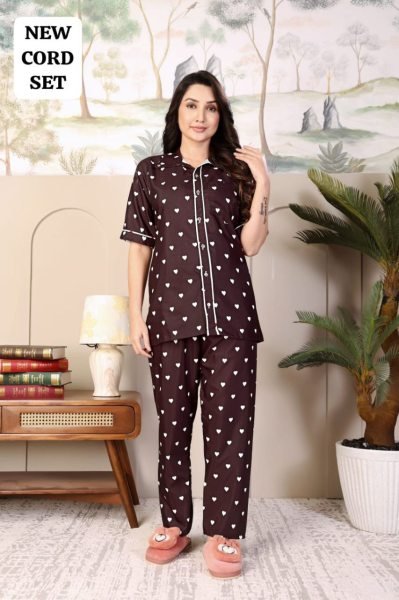 Brown Rayon Printed Nightwear Cord Set Trendy Top and Pant for Casual Wear Night Suit Wholesale