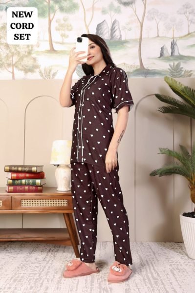 Brown Rayon Printed Nightwear Cord Set Trendy Top and Pant for Casual Wear Night Suit Wholesale