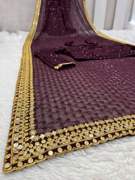 Brown Wedding Wear Soft Georgette Silk Saree   Embroidery Work  Georgette Sarees Wholesale