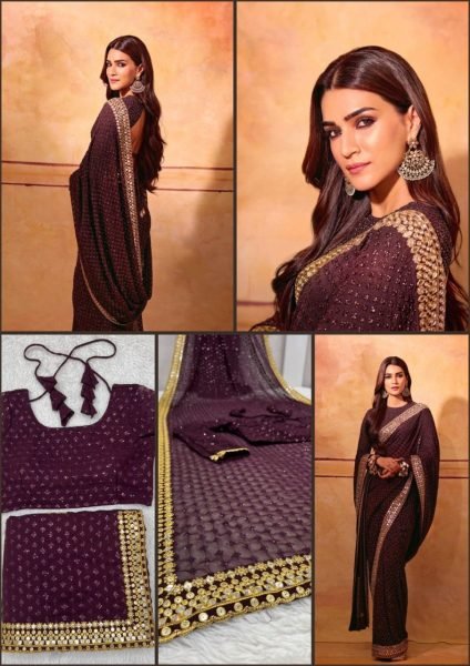 Brown Wedding Wear Soft Georgette Silk Saree   Embroidery Work  Georgette Sarees Wholesale