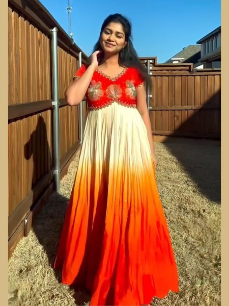 Burnt Orange Mulmul Cotton Anarkali Elegant Threadwork  & Ready to Wear Fit Kurtis