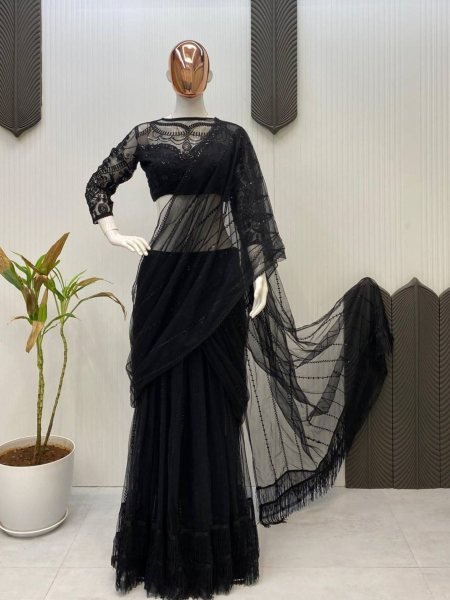 Butterfly Net Ruffle Lehenga Saree with Sequin Blouse Ready to Wear Sarees 
