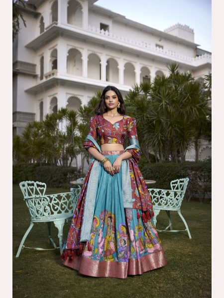 Festival Wear Kalamkari  Blue Lehenga Choli Collection  Designer Lehenga Choli