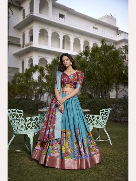 Festival Wear Kalamkari  Blue Lehenga Choli Collection  Designer Lehenga Choli