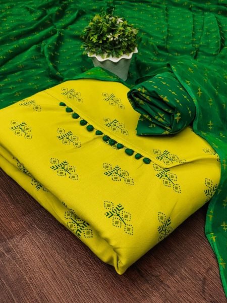 Buy  Cotton Yellow Color Slub Print Dress Material Collection At Wholesale Rate