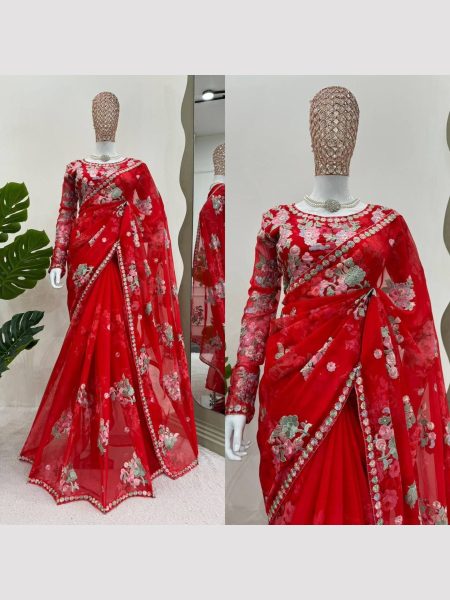 Buy Designer Heavy Georgette Red Color Saree with  Sequence work Georgette Sarees Wholesale