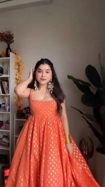 Buy Elegant Orange Jacquard Silk Anarkali Gown with Dupatta Online for Party Wear Anarkali Kurtis 