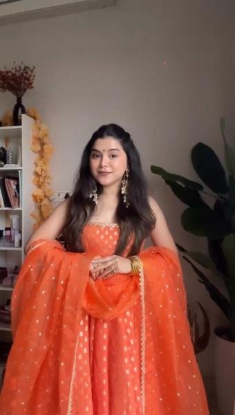 Buy Elegant Orange Jacquard Silk Anarkali Gown with Dupatta Online for Party Wear Anarkali Kurtis 